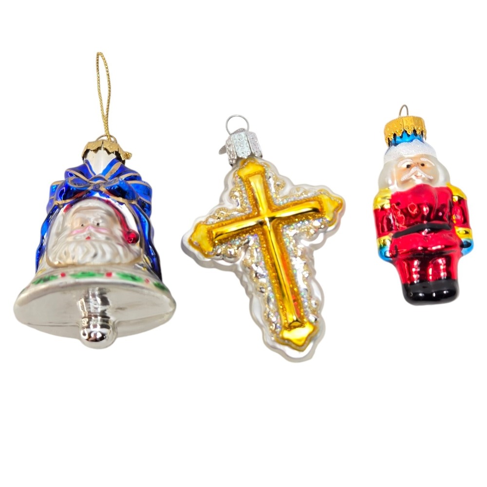 Lot 3 Mercury‎ Glass Christmas Ornaments Santa Bell Cross Old World C&D Vintage